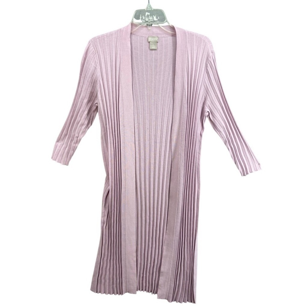 NWT Chicos Cardigan Sz 1 M Lavender Frost Maxi Pleat Open Front Cardigan Sweater